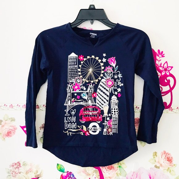 Gymboree Navy Blue London bridge Red Bus Sparkly Sequined Shirt Top Girls 7 8 - Picture 6 of 8